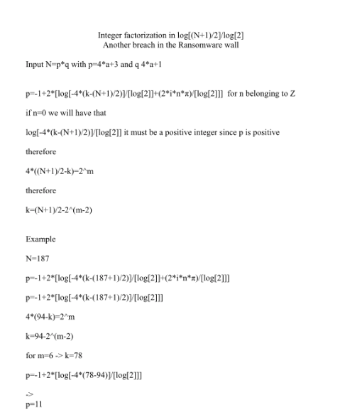 Image containing mostly unreadable math with a small RSA modulus factored by hand as example